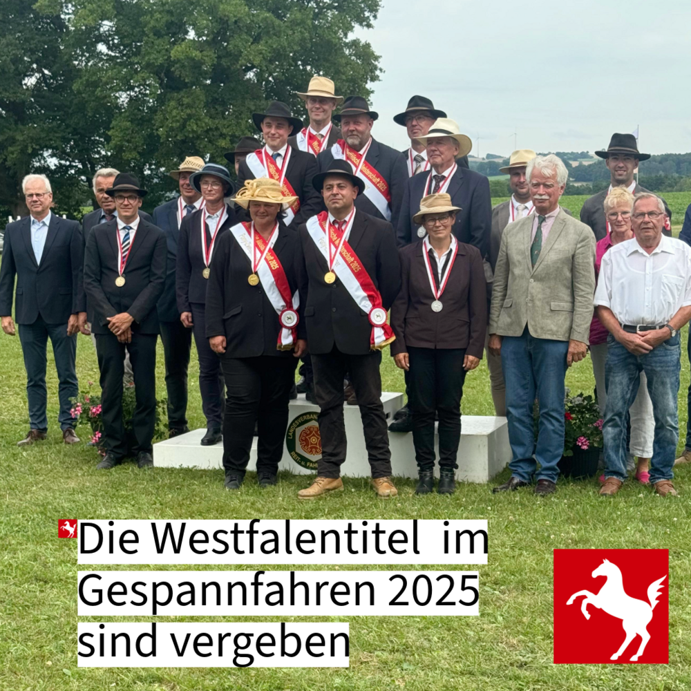 Das Bild zeigt die Medaillengewinner der Westfälischen Fahrmeisterschaften 2025
