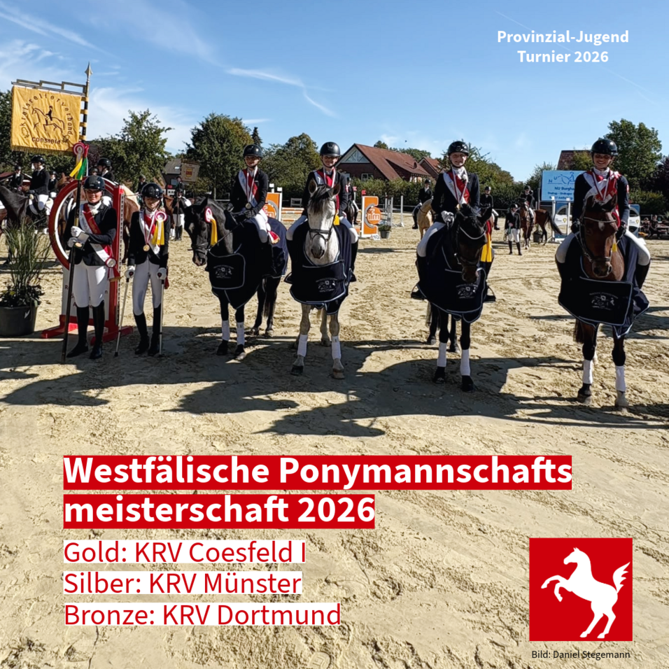 Die Mannschaft vom KRV Coeseld gewinnt die Westfälische Pony-Mannschaftsmeisterschaft 2026 Die Mannschaft vom KRV Coeseld gewinnt die Westfälische Pony-Mannschaftsmeisterschaft 2026