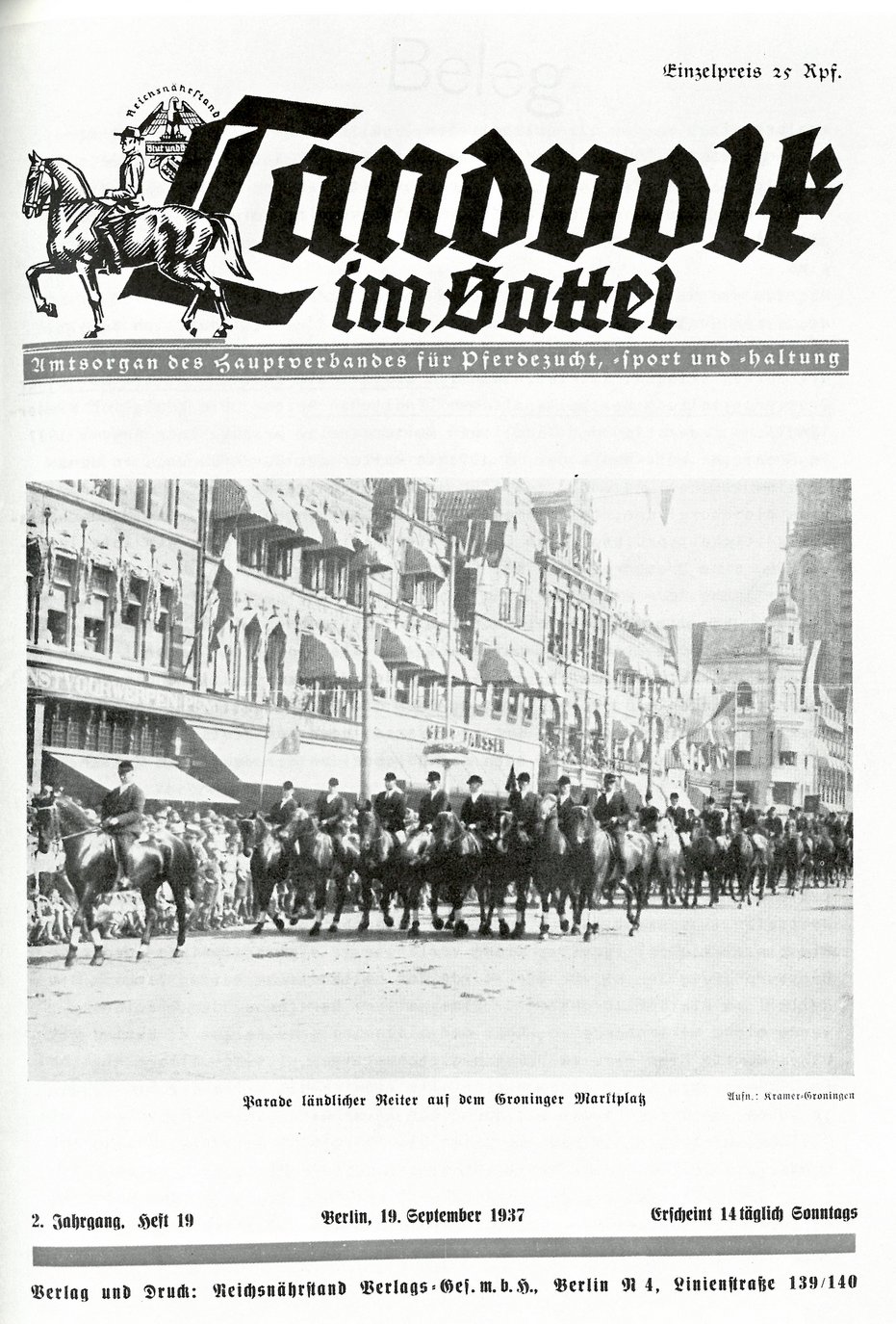 Titelblatt der Zeitung "Landvolk im Sattel" 19. September 1937